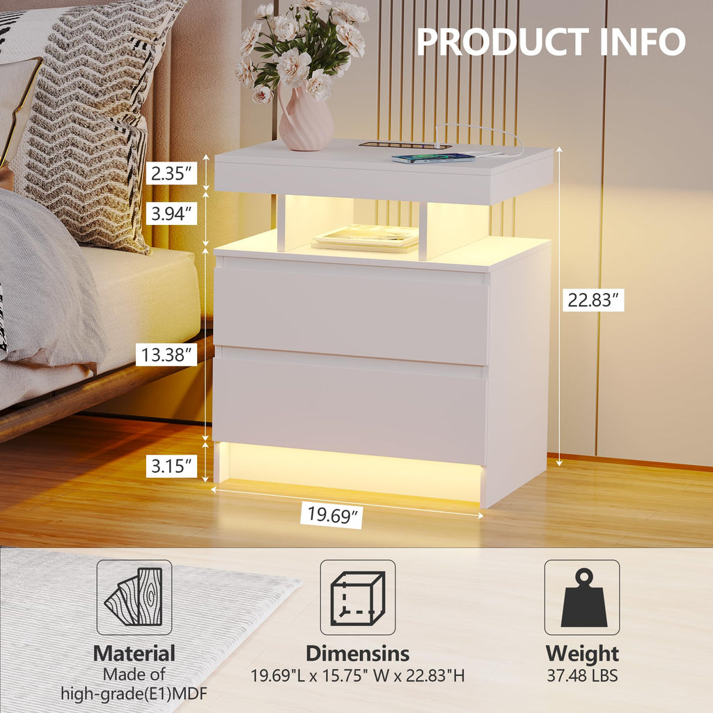 LED Nightstand with Charging Station White V57422