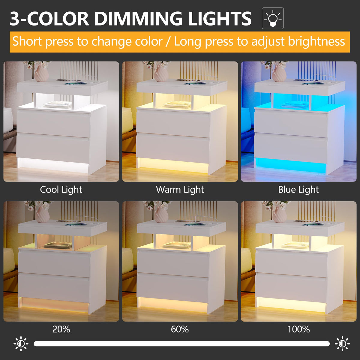 LED Nightstand with Charging Station White V57422