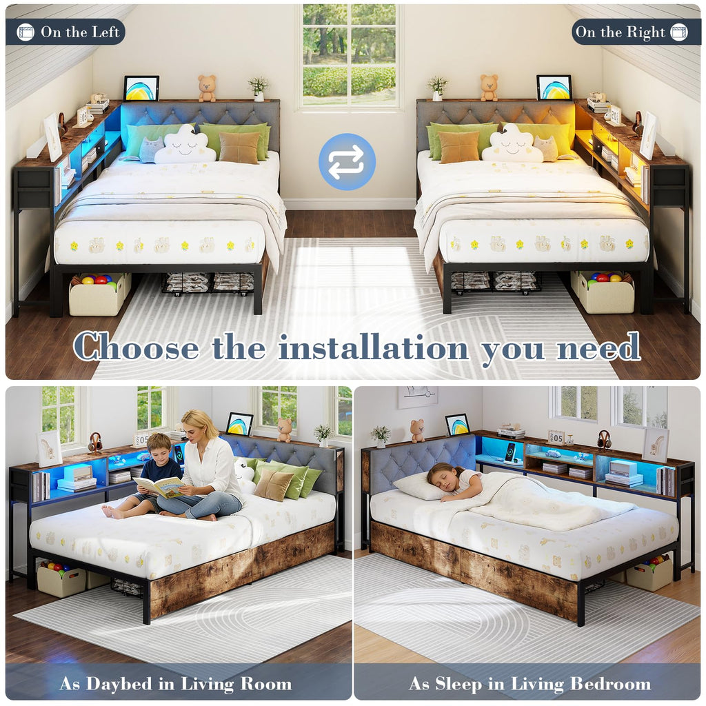 Twin Size Corner Bed Frame with Storage and Headboard L9679