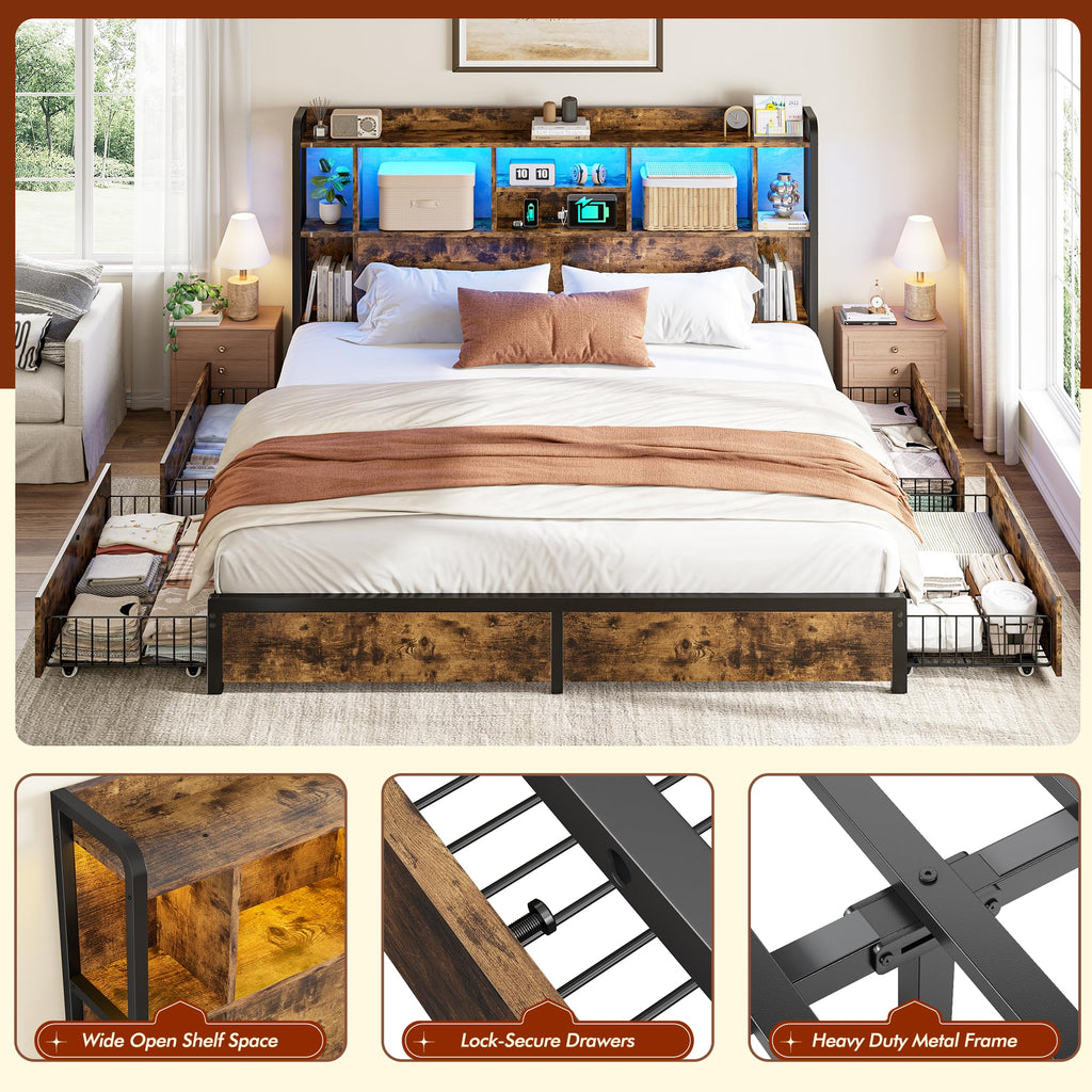 King Size Bed Frame with Storage Headboard & 4 Drawers X377