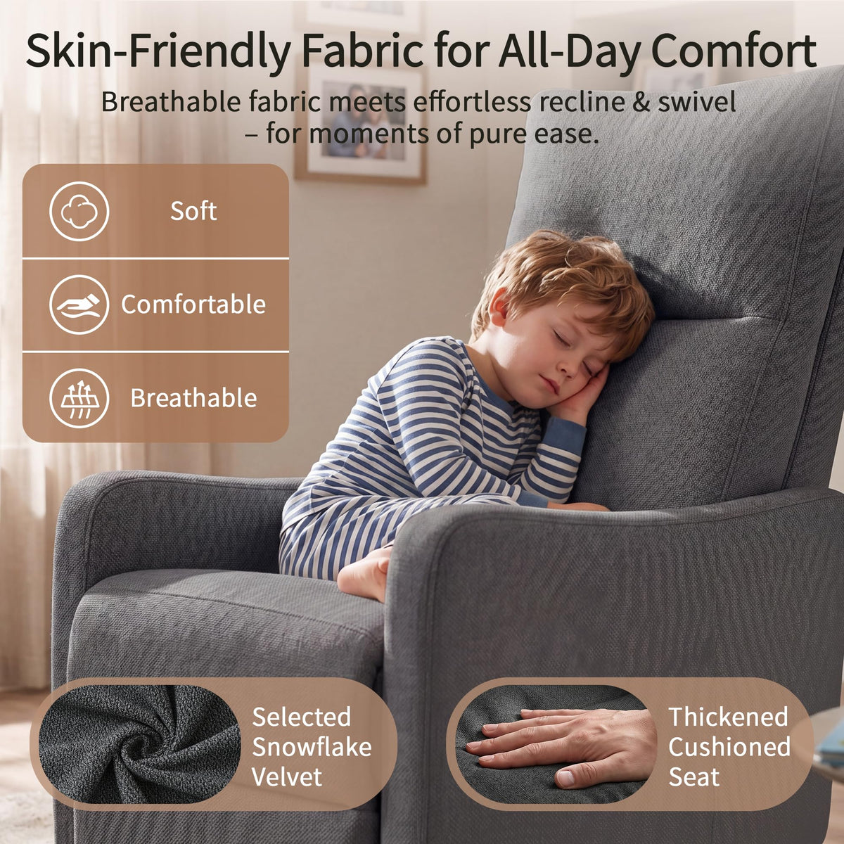 Light Brown Rubberwood Dark Gray Velvet Swivel Rocker Recliner Chair N467246