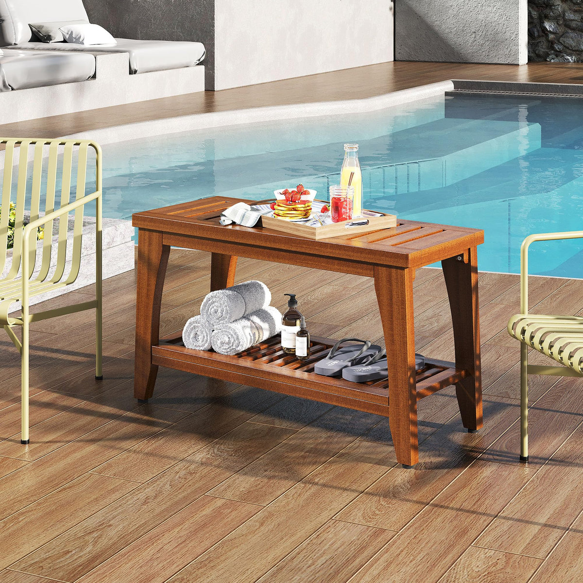 30" Solid Teak Shower Bench with Storage Shelf F553