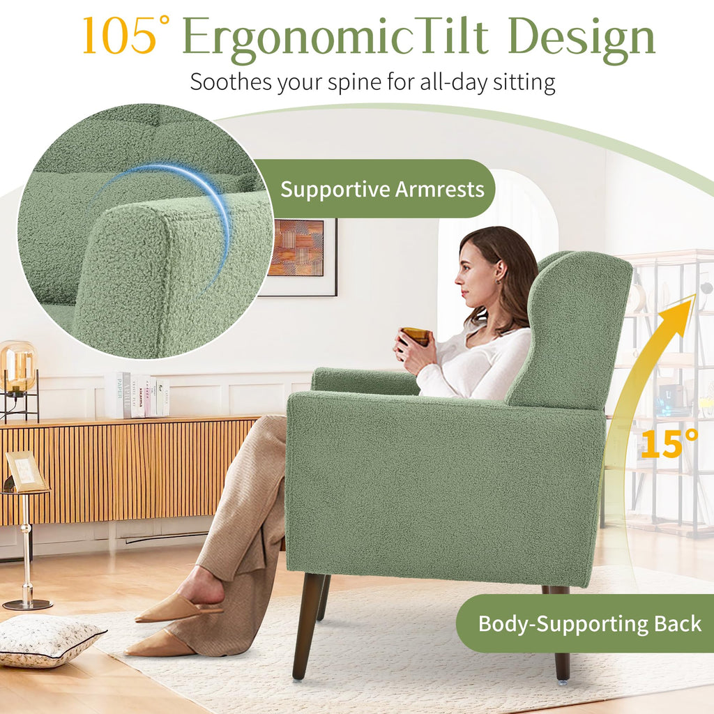 Green Teddy Upholstered Armchair Set of 2 with Lumbar Pillow S926
