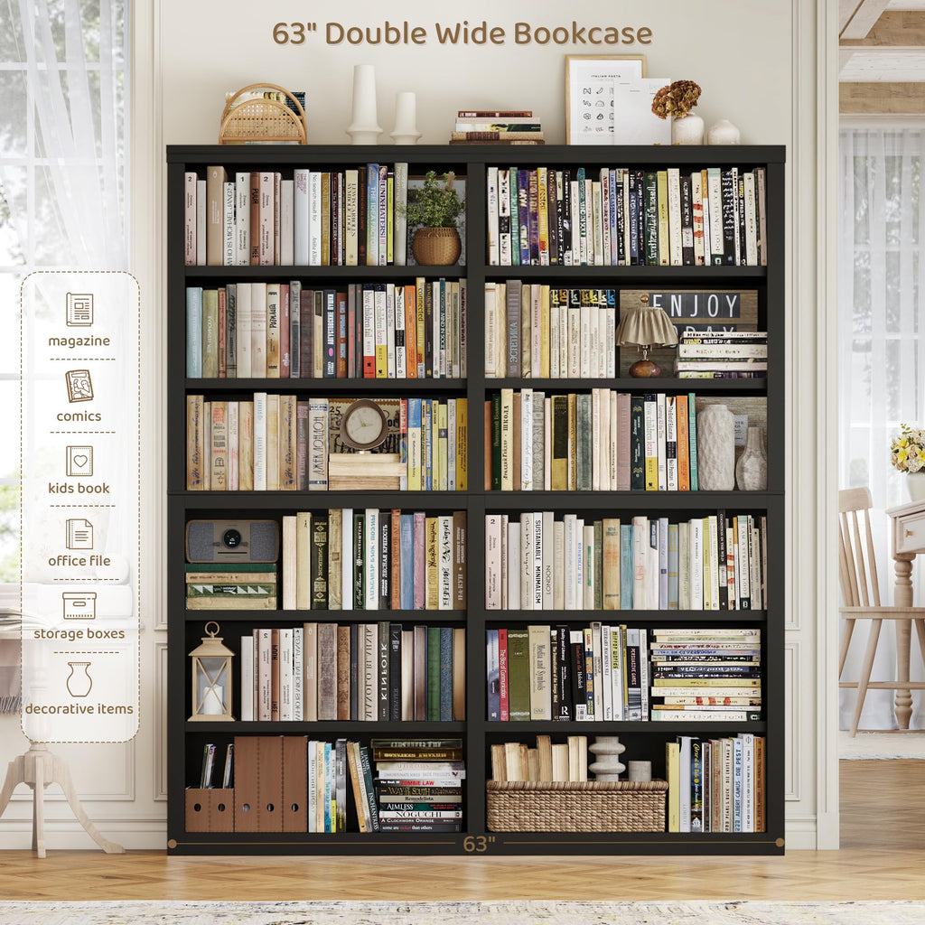 73" Tall Black 6-Tier Double Wide Bookshelf G672