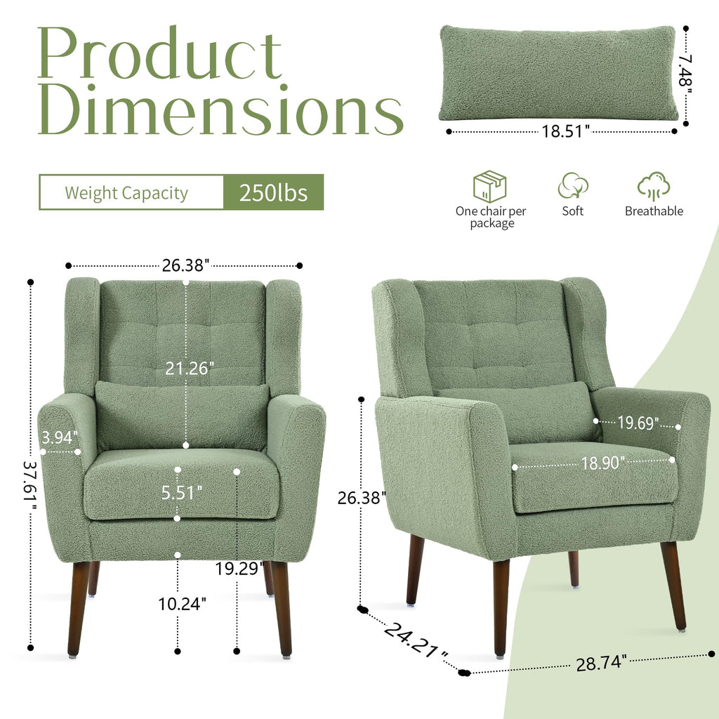 Green Teddy Upholstered Armchair Set of 2 with Lumbar Pillow S926