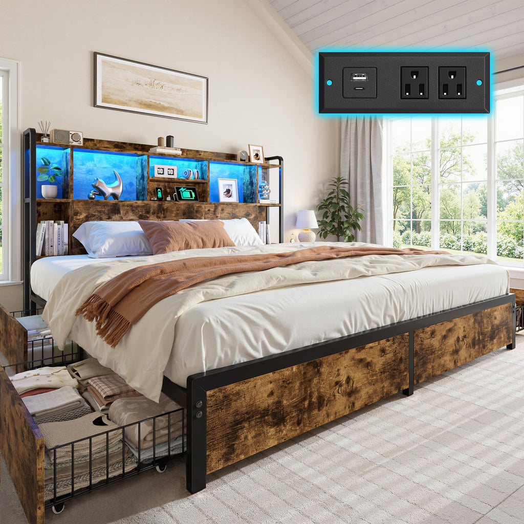 King Size Bed Frame with Storage Headboard & 4 Drawers X377