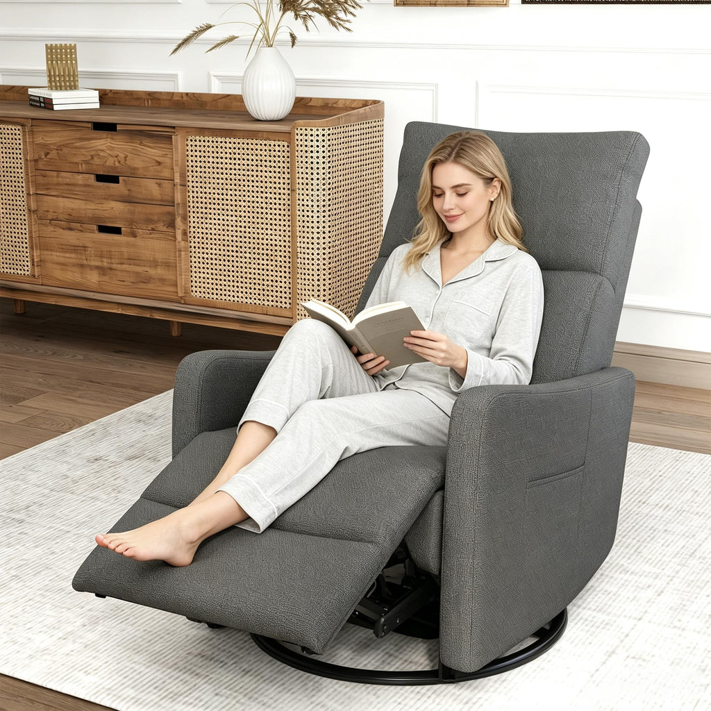 Light Brown Rubberwood Dark Gray Velvet Swivel Rocker Recliner Chair N467246