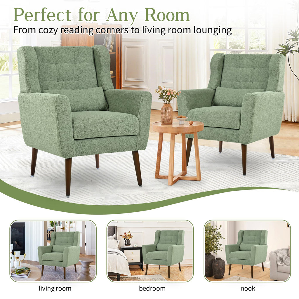Green Teddy Upholstered Armchair Set of 2 with Lumbar Pillow S926